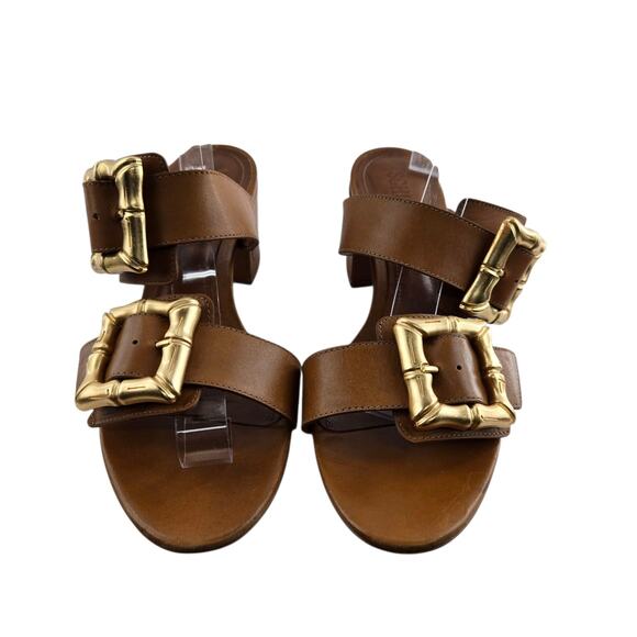 Schutz Enola Mid Block Sandals Womens 8.5 Caramel Brown Leather Gold Tone Buckle - Picture 4 of 10
